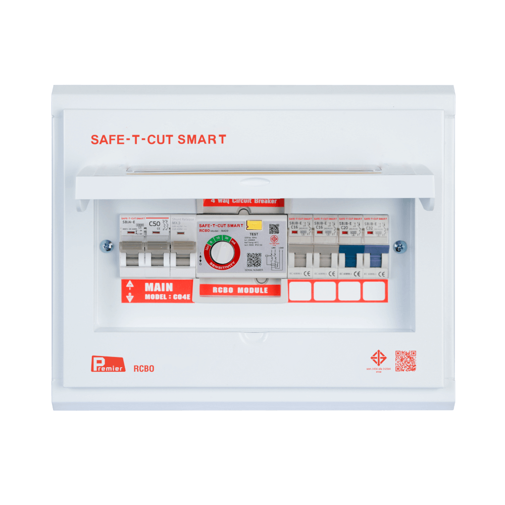 ชุดตู้คอนซูมเมอร์ 4 ช่อง เบรคเกอร์กันดูด 50 แอมป์ เซฟ-ที-คัท สมาร์ท รุ่น PREMIER RCBO